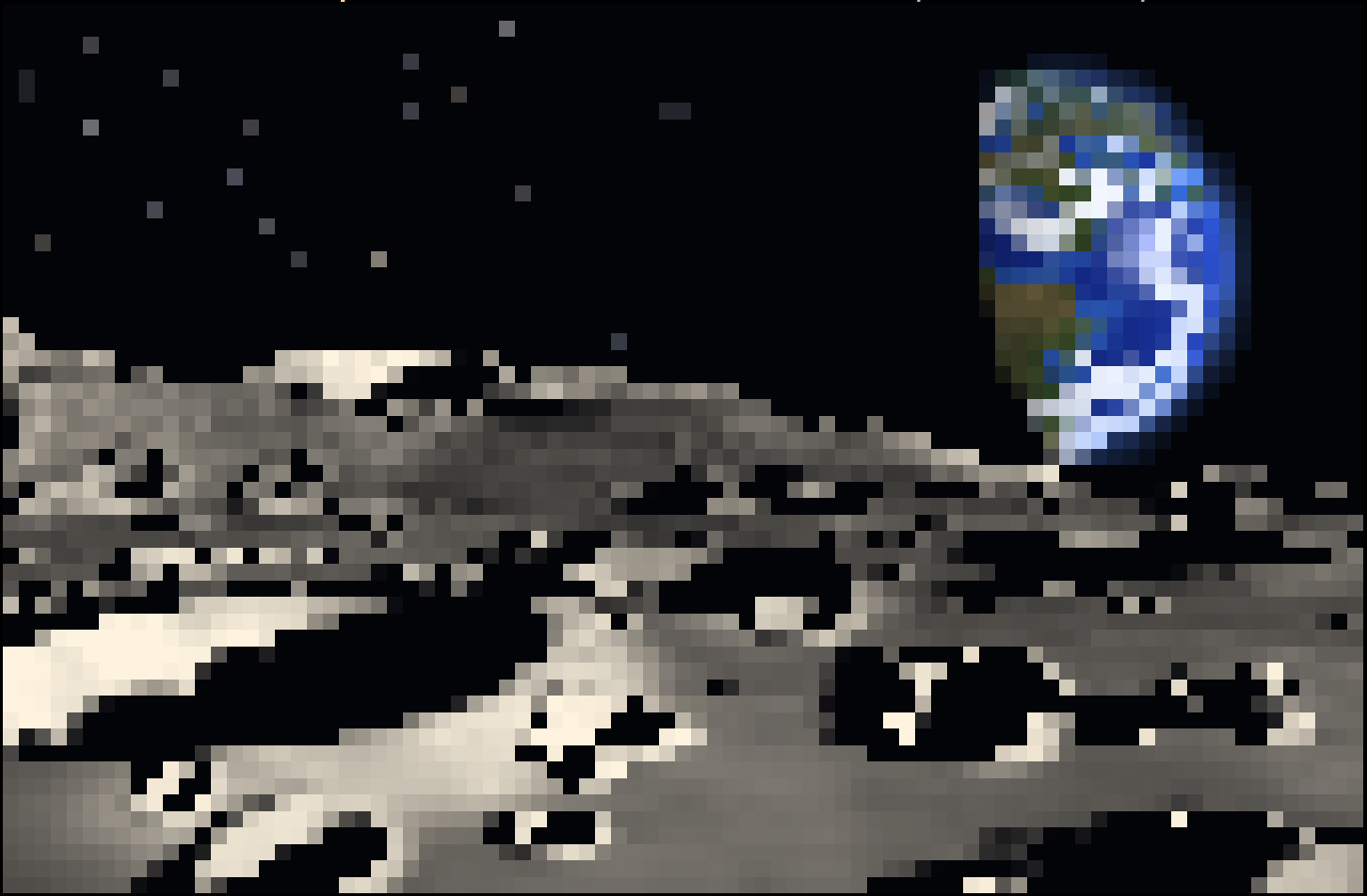 A pixelated blue-and-white Earth above a grey, cratered landscape against a starry black sky.