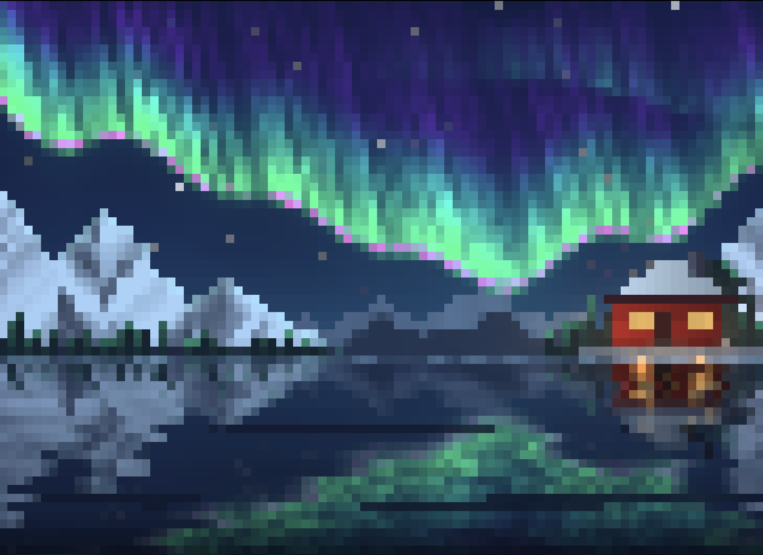 Green and purple northern lights over snowy mountains and a red cabin, reflected in the fjord below, rendered in terminal pixels.