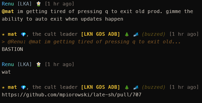 Renu asks for a way to stop manually quitting old production sessions after updates. Mat replies BASTION and links PR #707.