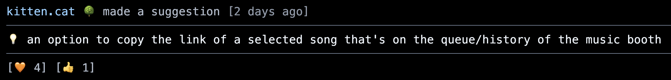 kitten.cat suggests an option to copy a selected song's link from the Music Booth queue or history. The suggestion has four heart reactions and one thumbs-up.
