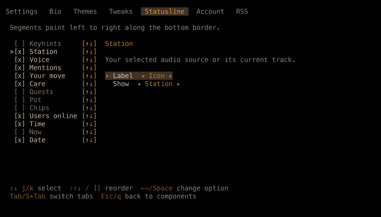 The Statusline settings tab, showing an ordered list of components and options for displaying the current station.
