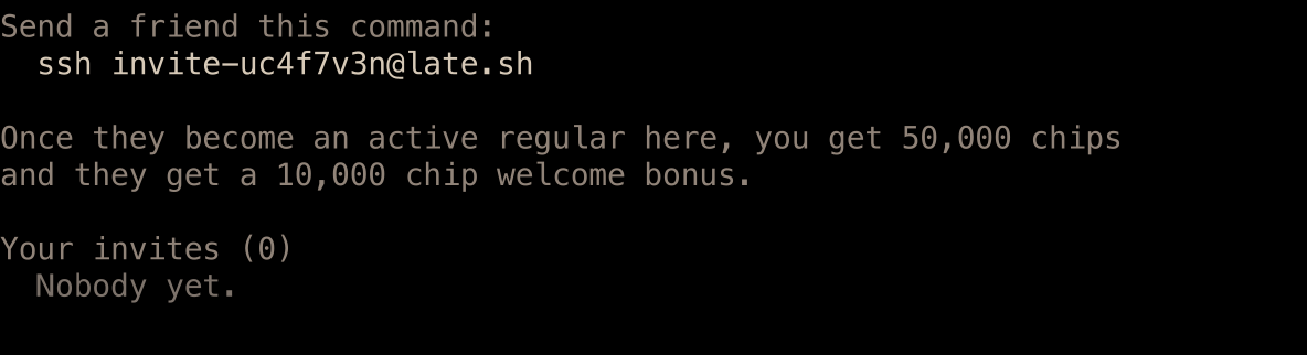 The Invites dialog showing an example SSH invitation and the 50,000-chip inviter reward and 10,000-chip welcome bonus.