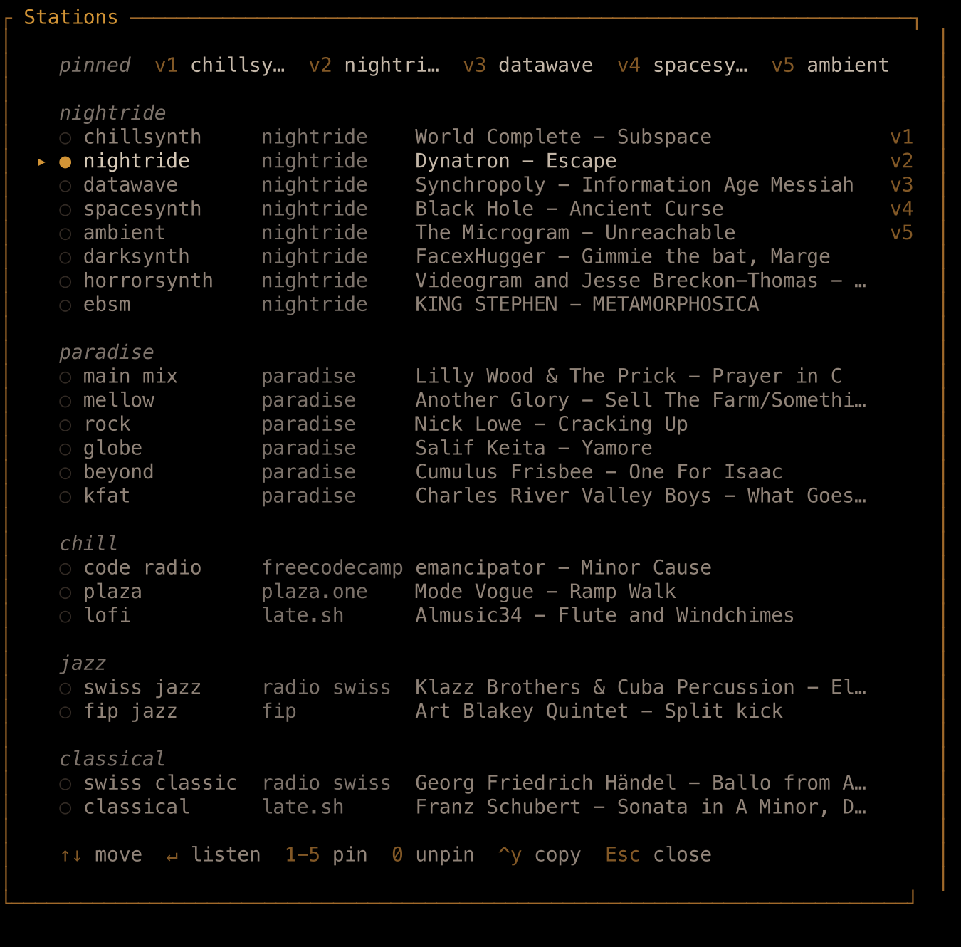 The live Stations browser, with five pinned favourites and sections for Nightride, Radio Paradise, chill, jazz, and classical music.