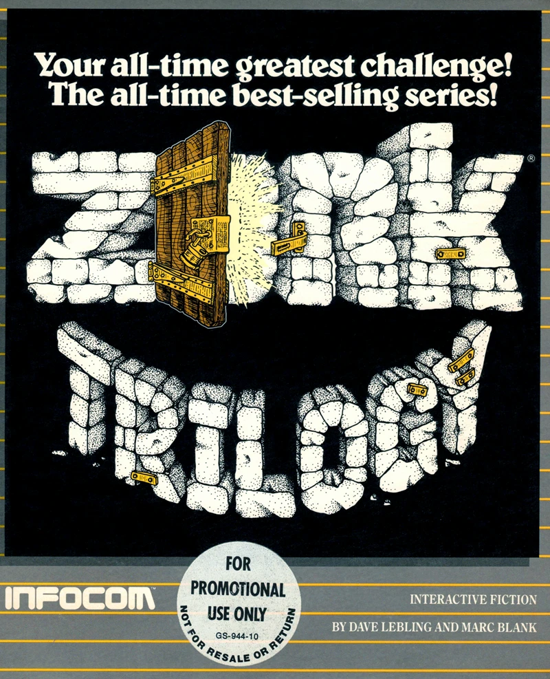 Vintage Infocom Zork Trilogy box art, with the title built from stone blocks and a wooden door opening through the letter O.