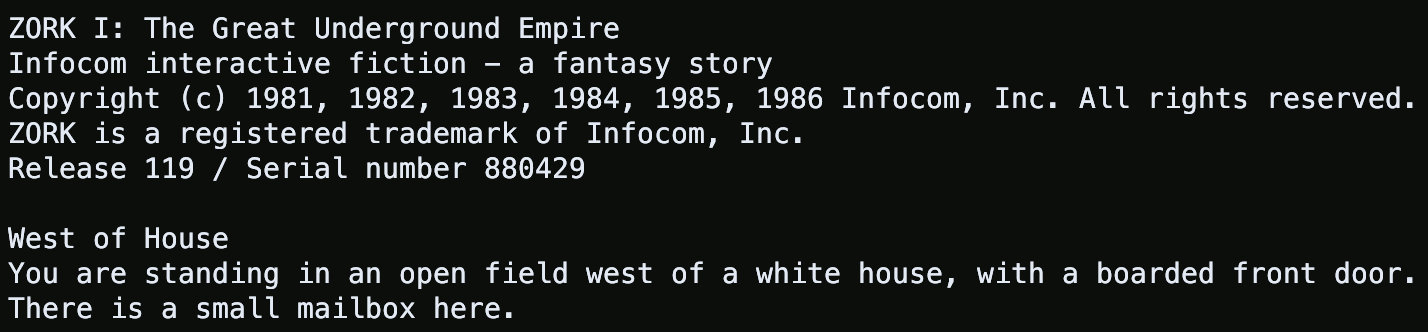 Zork I running in late.sh, showing its original Infocom credits and the West of House opening, with a white house and a small mailbox.